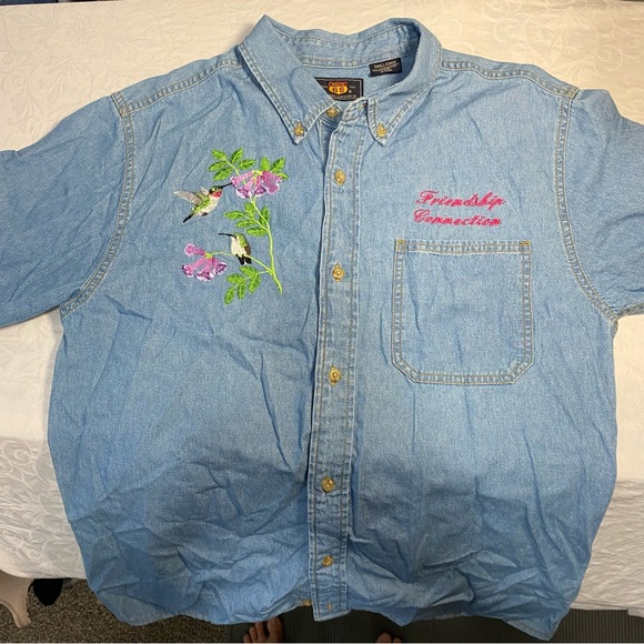 🥹 “ Friendship Connection “ Embroidered Denim Front Pocket Button Up Shirt - Picture 11 of 11